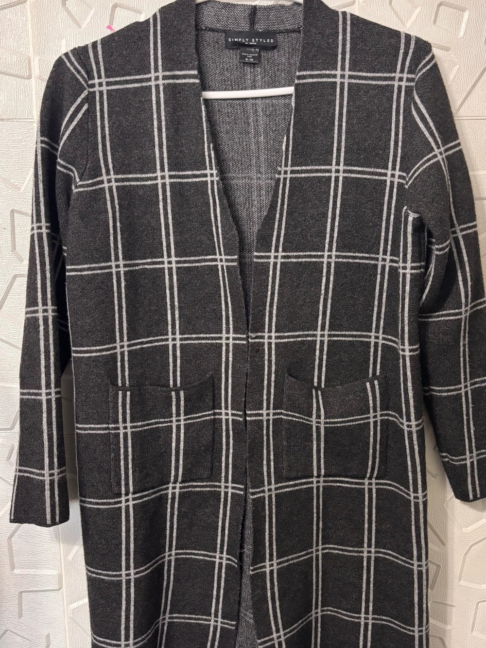 Simply Styled Charcoal and White Windowpane Open Cardigan